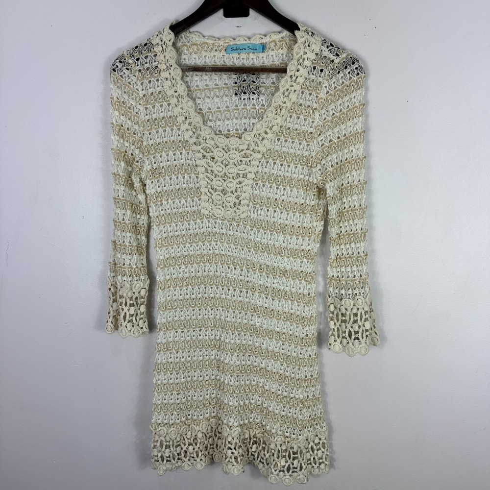 Solitaire‎ Swim Cover Up L Crochet Knit Ivory Metallic Trim Festival Boho Beach